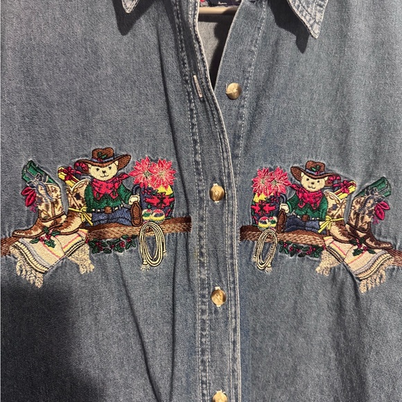 Vintage Embroidered Denim Shirt with Cats and Cowboy Design Size XL - Picture 2 of 4